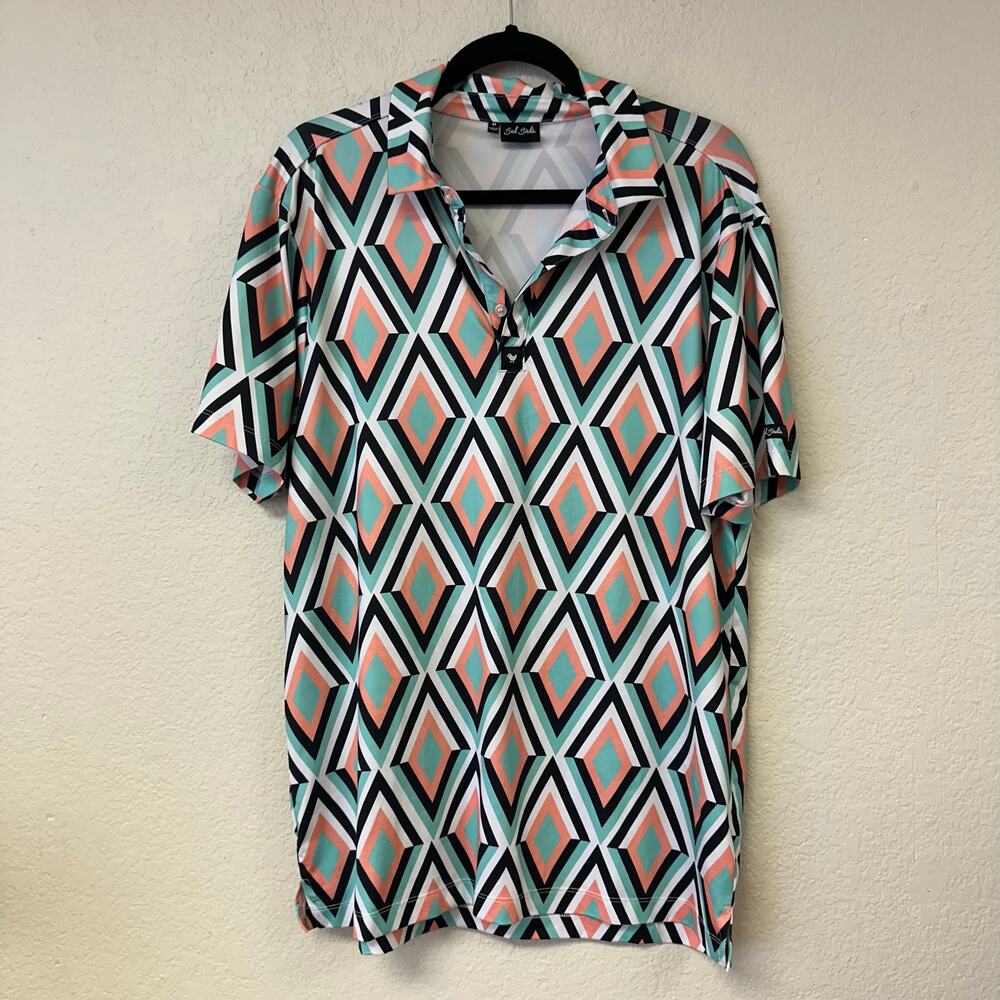 Bad Birdie Men’s The Diamond Geo Print Golf Polo Shirt Black Blue Size Medium